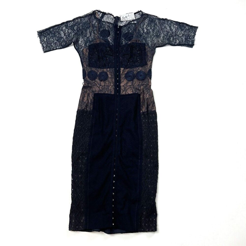 BEGUILE Anthropologie Lace Sheath Dress Carissima Navy Blue Lace Byron Lars Sz 0